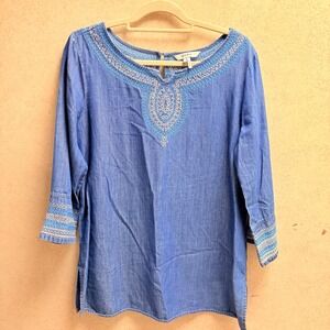 ZOZO L Women's Blue Chambray Embroidered Light Festival Soft Tunic Top